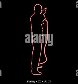Neon repairman master man in overalls with tool in his hands electric drill View with side red color vector illustration image flat style light. Neon repairman master man in overalls with tool in his hands electric drill View with side red color vector illustration image flat style Stock Vector
