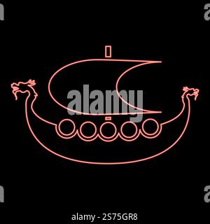 Neon viking drakkar Dracar sailboat Viking&rsquo;s ship Viking boat red color vector illustration image flat style light. Neon viking drakkar Dracar sailboat Viking&rsquo;s ship Viking boat red color vector illustration image flat style Stock Vector