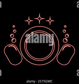 Neon dishwashing concept Clearing dishes Plate Washcloth Sponge Bubbles Clean kitchen idea red color vector illustration image flat style light. Neon dishwashing concept Clearing dishes Plate Washcloth Sponge Bubbles Clean kitchen idea red color vector illustration image flat style Stock Vector