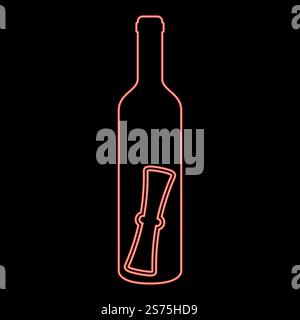 Neon bottle with letter Message concept Folded scroll document in old container red color vector illustration image flat style light. Neon bottle with letter Message concept Folded scroll document in old container red color vector illustration image flat style Stock Vector