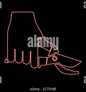 Neon secateur in hand garden pruner pruning shears Clippers Hand scissors Manual cutting use tool red color vector illustration image flat style light. Neon secateur in hand garden pruner pruning shears Clippers Hand scissors Manual cutting use tool red color vector illustration image flat style Stock Vector