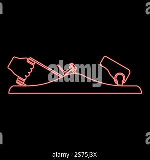Neon jointer jack plane in hand holding tool use Arm using instrument with metal red color vector illustration image flat style light. Neon jointer jack plane in hand holding tool use Arm using instrument with metal red color vector illustration image flat style Stock Vector