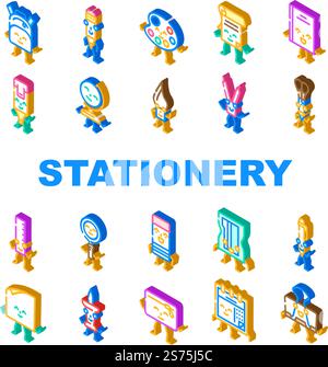 stationery character school icons set vector. pencil, education cute, study pen, funny book, happy student, children mascot stationery character school isometric sign illustrations. stationery character school icons set vector Stock Vector