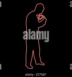 Neon angry man with belt in hand for punishment warns Violence in family concept Abuse idea Domestic trouble Fury male threatening victim Social problem Husband father emotionally aggression against human Bullying red color vector illustration image flat style light. Neon angry man with belt in hand for punishment warns Violence in family concept Abuse idea Domestic trouble Fury male threatening victim Social problem Husband father emotionally aggression against human Bullying red color vector illustration image flat s Stock Vector