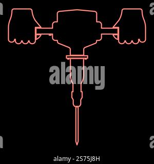 Neon jackhammer in hand holding power tool use Arm using electric instrument red color vector illustration image flat style light. Neon jackhammer in hand holding power tool use Arm using electric instrument red color vector illustration image flat style Stock Vector