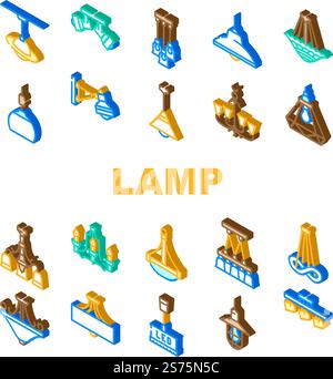 lamp ceiling light interior home icons set vector. room bulb, decor chandelier, wall electric, bright decoration, metal style lamp ceiling light interior home isometric sign illustrations. lamp ceiling light interior home icons set vector Stock Vector