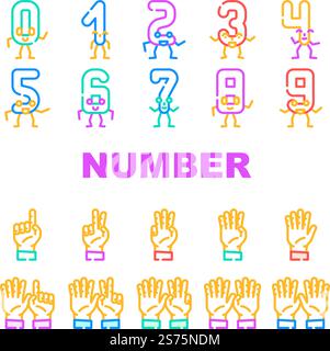 number character cute icons set vector. font funny, school design, fun one, alphabet letter, typography three, education number character cute color line illustrations. number character cute icons set vector Stock Vector