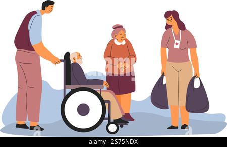 Volunteers helping senior people with household chores. Woman buying products for pensioners in wheelchair. Granny and grandfather getting assistance from the organization. Vector in flat style. Volunteering people helping senior characters Stock Vector