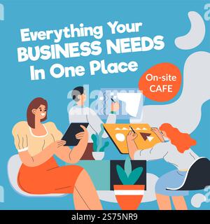 Coworking space for creative and talented people, everything your business needs in one place. On site cafe with tables. Characters with computers and tablets. Everything Vector in flat style. Everything your business needs in one place vector Stock Vector