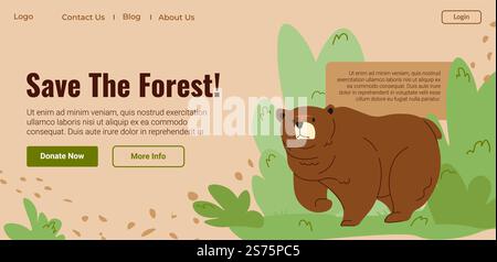 Make donation to zoo or national reserves, helping flora and fauna. Save forest, protecting animals and species from extinction. Website landing page template, internet site. Vector in flat style. Save forest, donate and help animals and flora Stock Vector