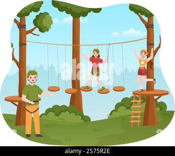 Zip Line Illustration with Visitors Walking on an Obstacle Course and Outdoor Rope Adventure Park in Forest in Flat Cartoon Hand Drawn Templates Stock Vector