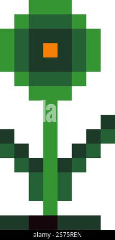 Pixel flower in blossom, blooming flora or botany for gaming and playing setting. Stem and foliage, flourishing and bud. Pixelated isolated icon for 8 bit game, retro design. Vector in flat style. Pixelated flower in blossom, 8 bit game design Stock Vector