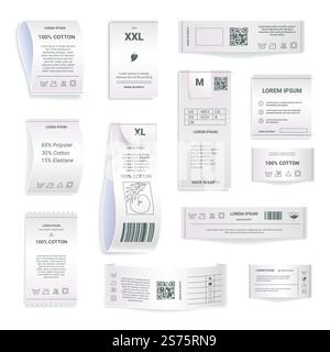 Clothes labels with qr codes, information about production and maintenance. Size chart and content of cloth. Clothing emblems and caution, signs for washing and drying. Vector in flat style. Labels for clothes with production and instruction Stock Vector