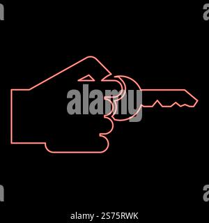 Neon hand holds key Concept opening Idea success Business access sign Unlock solution Passkey Rent Accessibility symbol red color vector illustration image flat style light. Neon hand holds key Concept opening Idea success Business access sign Unlock solution Passkey Rent Accessibility symbol red color vector illustration image flat style Stock Vector
