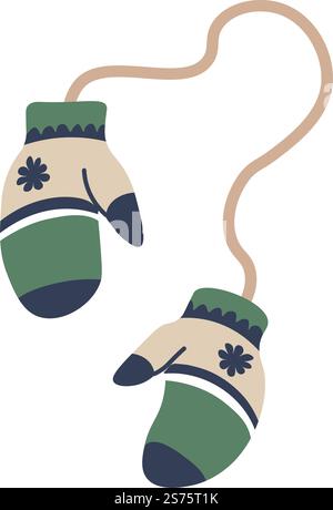Mittens on rope, isolated winter clothes and accessories for men and women for cold and frosts. Stylish and fashionable gloves with abstract print. Children clothing for chill. Vector in flat style. Winter mittens on rope, clothes and accessories Stock Vector