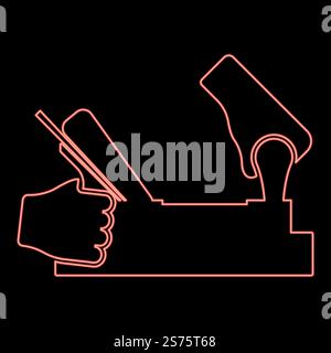 Neon jointer jack plane in hand holding tool use Arm using instrument with wood red color vector illustration image flat style light. Neon jointer jack plane in hand holding tool use Arm using instrument with wood red color vector illustration image flat style Stock Vector