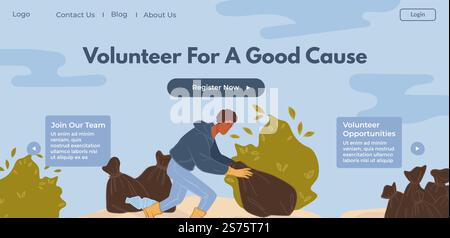 Ecological care for planet, volunteering and cleaning rubbish from streets and parks. Maintaining cleanliness outdoors, eco recycling. Website landing page, internet site. Vector in flat style. Volunteer for good cause, cleaning rubbish website Stock Vector