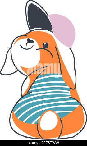Bunny wearing a swimming suit and sailors hat smiling. Isolated cheerful personage on beach. Wild hare with long ears and short tail with cute muzzle expression, rabbit. Vector in flat style. Rabbit wearing sailor uniform and summer hats Stock Vector