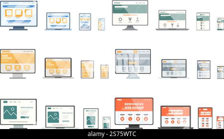 Responsive web design icons set cartoon vector. Digital content. Mobile user. Responsive web design icons set cartoon vector. Digital content Stock Vector