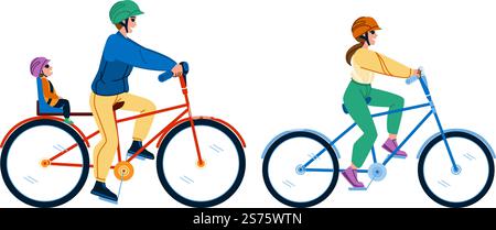 family cycling vector. bicycle man, lifestyle bike, child sport, ride kid, park active, happy father family cycling character. people flat cartoon illustration. family cycling vector Stock Vector