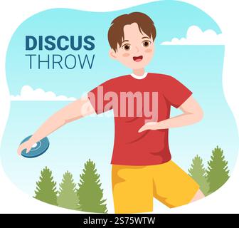Discus Throw Playing Athletics Illustration with Throwing a Wooden Plate in Sports Championship Flat Cartoon Hand Drawn Templates Stock Vector