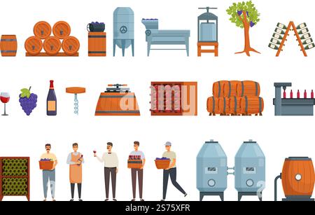 Wine production icons set cartoon vector. Winery agriculture. Process industry. Wine production icons set cartoon vector. Winery agriculture Stock Vector