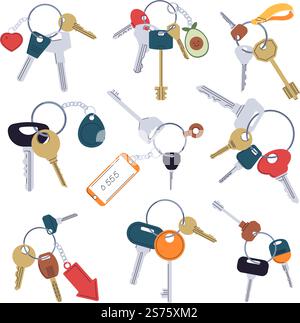 Keychains with decor and keys, number of room in hotel or hostel. Heart and avocado plaything, opening and closing doors. Seamless pattern, background or print wallpaper. Vector in flat style. Keys with keychain and number of room pattern Stock Vector