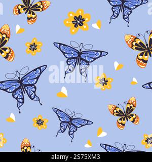 Blooming flowers and flying butterflies. Flora and fauna, nature and wilderness, species and insects with flourishing flora plants. Seamless pattern, background or print. Vector in flat style. Flying butterflies and blooming flowers pattern Stock Vector