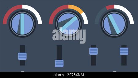 Control panel with buttons and knobs for adjusting and applying settings. Measuring sides and indicator, rotating circle and scale. Controller and mixer board with amplifier. Vector in flat style. Panel with control buttons and knobs, adjusting Stock Vector