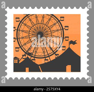 Postmark or postcard with ferris wheel and tents with decorative flags. Amusement park. Postal mark or card, mailing letter and correspondence. Monochrome sketch outline. Vector in flat style. Amusement park and recreation ferris wheel card Stock Vector