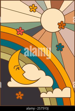 Sun with colorful rays and blooming flowers, crescent moon and clouds at sky. Retro or vintage cartoon rainbow arch, and blossom of flora and botany in spring or summer. Vector in flat style. Crescent moon and sun with blooming flowers vector Stock Vector