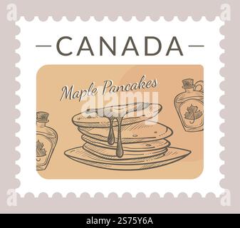 Traditional recipe and dishes of Canada. Postcard or postmark with canada maple pancakes. Postal mark or card, mailing letter and correspondence. Monochrome sketch outline. Vector in flat style. Canada maple pancakes traditional recipes postcard Stock Vector