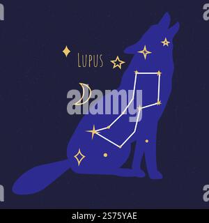 star formation of the wolf, isolated Constellations of lupus on night dark sky. Astronomy and space celestial bodies and objects exploration in cosmos and universe galaxy. Vector in flat style. Constellations of lupus, star formation of wolf Stock Vector