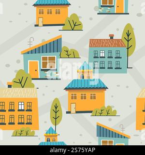 Rustic buildings for living, houses made of woods with trees and bushes in yard. Constructions and homes, city architecture. Background or wallpaper print, seamless pattern. Vector in flat style. Houses of wood, simple rustic buildings apartment Stock Vector