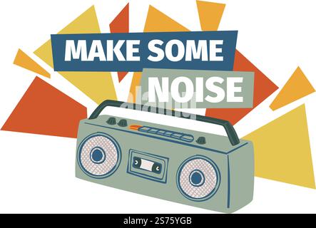 Old magnetophonon for disco, isolated retro devices for partying and entertainment. Make some noise and have fun. Cassette player with buttons, boombox for celebratings. Vector in flat style. Make some noise, old school magnetophone disco Stock Vector
