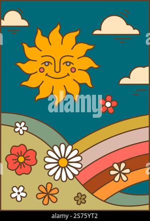 Cartoon landscape with wild flowers in blossom, valley or meadow with grass. Hills and sun character shining at sky. Clouds and rainbow arch. Fantasy setting or dream tale. Vector in flat style. Smiling sun character over meadow with rainbow Stock Vector
