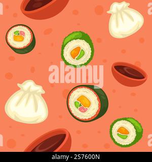 Ramen or soup and sushi, rolls and soy sauce. Asian food and oriental country culinary delicatessen. Tasty meal for breakfast or lunch. Seamless pattern or print, background. Vector in flat style. Oriental cuisine, Asian food, ramen and sushi Stock Vector