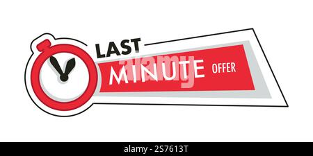 Shop and store clearance and discounts, isolated last minute offer promotional banner for products. Stopwatch or clock showing time, selling out and shopping clients customers. Vector in flat style. Last minute offer, sale and discounts from shop Stock Vector