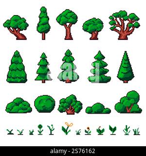 Pixel trees and bushes, flowers in blossom and spring flora botany. Setting for play level, florist composition gamification. Pixelated isolated icon for 8 bit game, retro design. Vector in flat style. Pixelated trees for 8 bit games, flowers and plant Stock Vector
