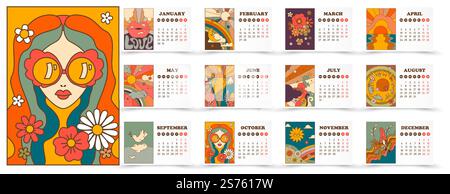 Cartoon calendar with dates and days, stylish and modern prints. Modern images of characters and flowers in blossom, blooming flora and sunshine, landscape and mountains. Vector in flat style. Stylish calendar with unique prints cartoon design Stock Vector