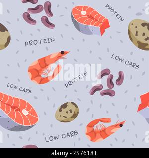Low carb and high protein food, prawns and beans, quail eggs and salmon slice. Fish meat and vegetable ingredients for snacks. Seamless pattern or print, wallpaper background. Vector in flat style. Protein and low carb food, prawns and beans print Stock Vector