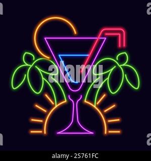 Night club, bar or pub serving alcoholic drinks, beverages and cocktails. Entertainment and fun, lifestyle in city. Glass with palms and sun. Label or sticker, logotype or sign. Vector in flat style. Neon logotype of bar or pub with drinks vector Stock Vector