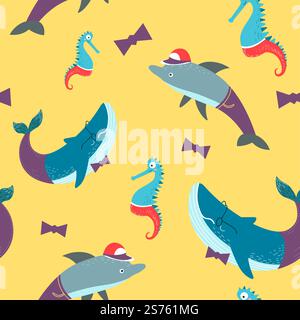 Seahorse and whale wearing bow tie and glasses, dolphin with modern cap hat on head. Cute and funny marine creatures. Seamless pattern or wallpaper, background or print. Vector in flat style. Marine animals and underwater life pattern print Stock Vector