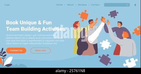Unique and fun team building activities for company members and employees. People resting with workers colleagues on weekends. Website landing page template, internet site. Vector in flat style. Book unique and fun team building activities web Stock Vector