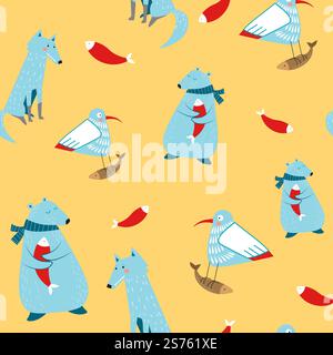 Seagulls and polar bears wearing scarf holding fish, hunting and eating. Cute personages characters during winter in knitwear. Seamless pattern or wallpaper, background or print. Vector in flat style. Polar bear holding fish, seagull seamless pattern Stock Vector