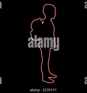 Neon schoolboy with backpack Pupil stand carrying on back Going to school concept Come back to school idea education Preschooler rucksack first September start lessons knapsack Side view red color vector illustration image flat style light. Neon schoolboy with backpack Pupil stand carrying on back Going to school concept Come back to school idea education Preschooler rucksack first September start lessons knapsack Side view red color vector illustration image flat style Stock Vector