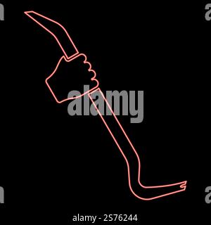 Neon crowbar in hand holding tool use Arm using Multifunctional utility bar red color vector illustration image flat style light. Neon crowbar in hand holding tool use Arm using Multifunctional utility bar red color vector illustration image flat style Stock Vector
