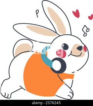 Bunny personage wearing knit sweater and headphones listening to music and enjoying life. Isolated bunny character with tune and heart icons, cheerful muzzle. Smiling hare. Vector in flat style. Rabbit listening music wearing headphones vector Stock Vector