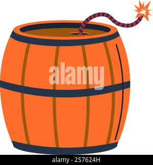Wooden barrel with rope set on fire. Bomb or weaponry for diversions and attacks. Thread burning and approaching container with powder. Isolated icon of explosive weapon. Vector in flat style. Bomb and explosive weapons types, barrel with rope Stock Vector