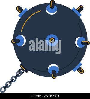 Small bomb thrown by hand or launched mechanically, grenade with shell and chain. Weaponry and arsenal, explosives and ammunition. Isolated icon of explosive weapon. Vector in flat style illustration. Bomb and explosive weapons types, grenade shell Stock Vector